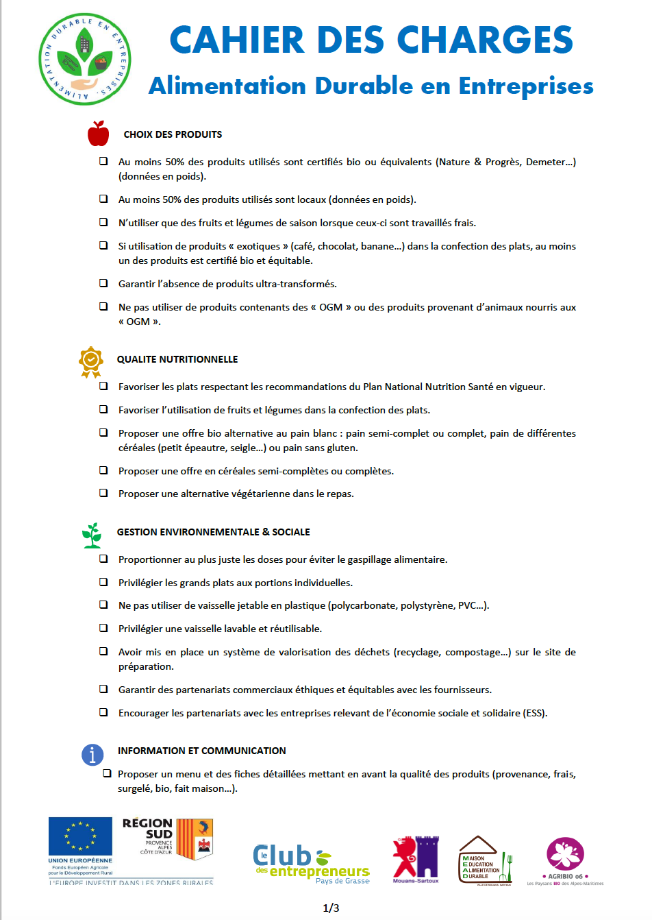 Cahier des charges Alimentation Durable en Entreprise